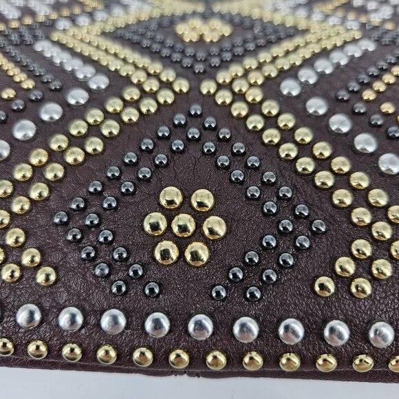Studded Wristlet Clutch Purse Bag Brown Gold Silver Accents 2 Detach Straps 11x7 - Picture 3 of 13